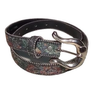 Vintage 80's Glitter Black Leather Silver Buckle Women's Belt 32" SM